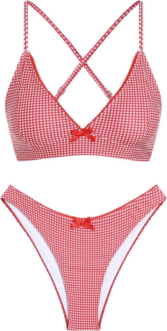 ZAFUL Women's V Neck Bikini Set High Waisted Swimsuits Lace Up Bow Decor Cheeky Two Piece Bathing Suit (Red, M)
