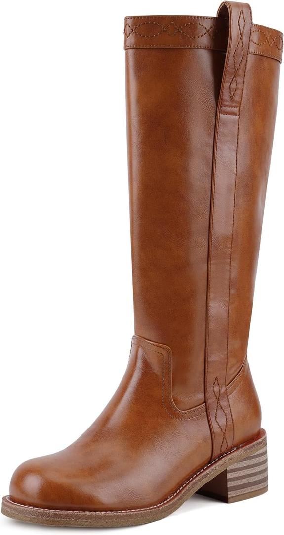 UBWDU Women's Knee High Boots Chunky Block Heel Long Boots Square Toe Low Heel Boots for Women (8.5)