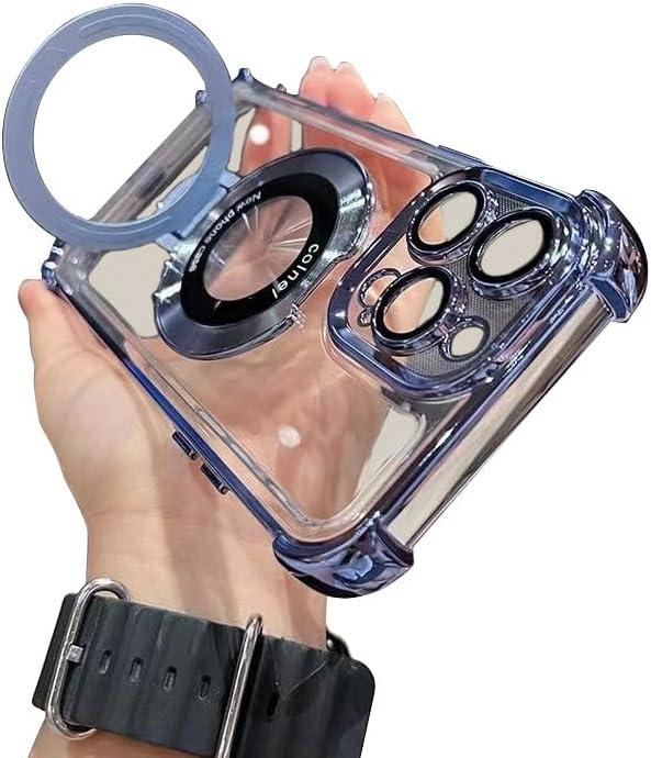 Piegricdiat Magnetic case for iPhone 12 Pro with Full Camera Lens Protection(Compatible with MagSafe),Military Shockproof Slim Electroplate Bumper Clear Cover Built-in Invisible Ring Stand, Blue