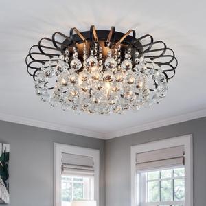 CVKASH Crystal Floral Chandelier 4-Light Antique Modern Black Flush Mount Raindrop Crystal Ceiling Lighting Fixture Chandelier for Living Room Bedroom Dining Room Entryway D17.71 H8.26, 17.9 Inch