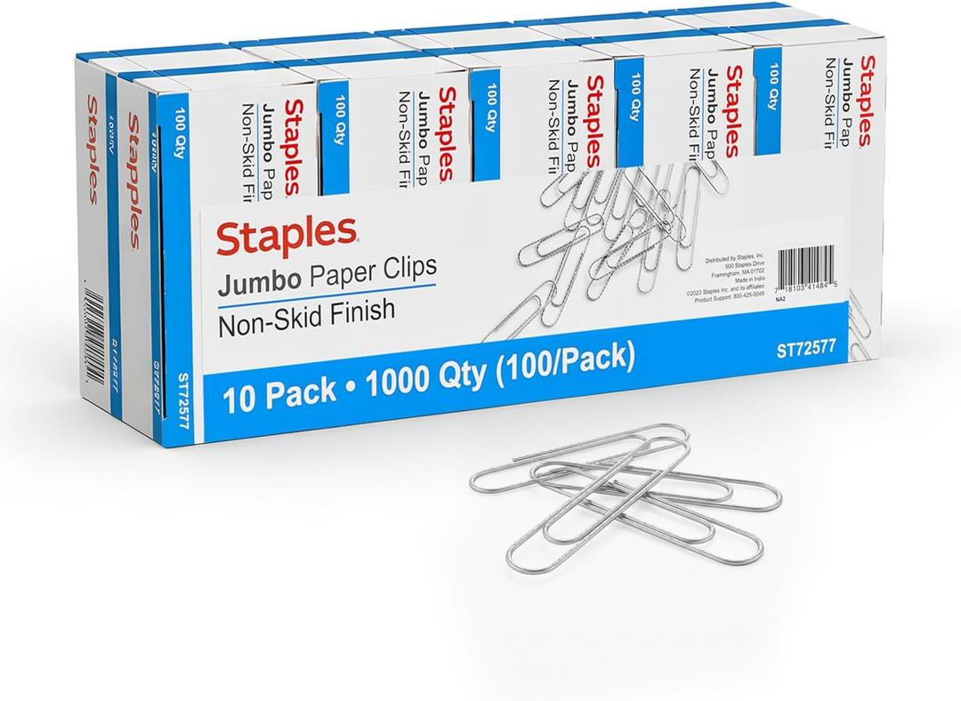 Staples Jumbo Paper Clips, Silver, NonSkid, 1,000 Pack HeavyDuty Clips for Thick Documents & Office Filing