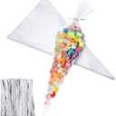 Outus 100 Pcs 7 x 12 Inch Cone Shaped Treat Bag Clear Cello Cellophane Medium Transparent Sweet Popcorn Candy Bags with 100 Pieces Twist Ties for Party Favor (Silver Twist Ties)