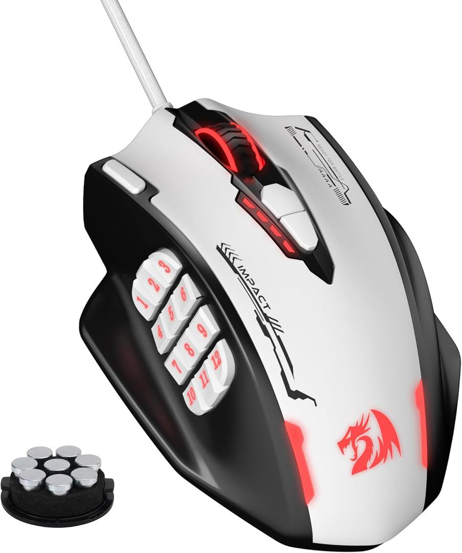 Redragon M908 Impact RGB MMO Gaming Mouse, Optical Wired Ergonomic Mouse with Max 24,000 DPI, High Precision, 18 Programmable Macro Shortcuts, Comfort Grip, Black & White