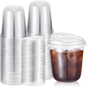 50 Sets Clear Plastic Coffee Cups with Sip Lids, Disposable Plastic PET Crystal Cups for Iced Coffee, Smoothie, Cold Beverage, Drink Shops and Party Catering(Clear,12 oz)