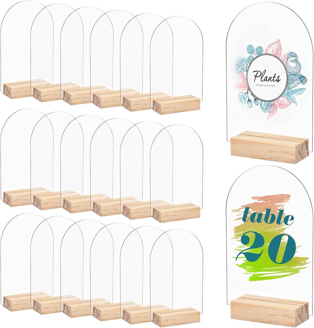 20 Pack Blank Clear Arch Acrylic Sign with Wooden Stands, Arched Round Top Acrylic Sheet, DIY Clear Arch Table Numbers for DIY Name Card Gifts Event Party Sign Decoration