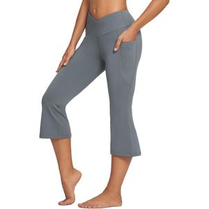 baleaf Women Flare Capri Leggings with Pockets Yoga Pants Bootcut Casual Cotton Work Summer Lounge (X-Large, V Waist-dark Grey)
