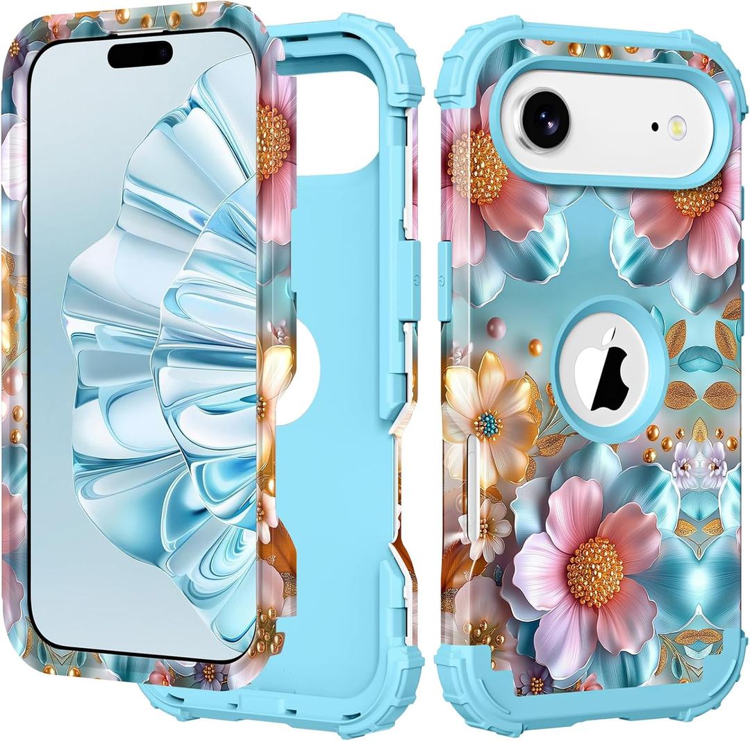 PIXIU Unique Flower Pattern Compatible with iPhone Air 6.5 inch case,Heavy Duty Dual Layer Shockproof Full-Body Protective Sturdy Hybrid Cute Rugged Case for Women,Girls,Kids-Blue Flower (A12)