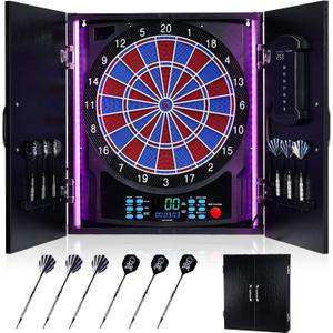 Electronic Dart Board, Electric Dartboard Cabinet Set for Adults [6 Soft Tip Darts] Individual Light Color for Each Player- Wooden Dartboard Cabinet for Family Game