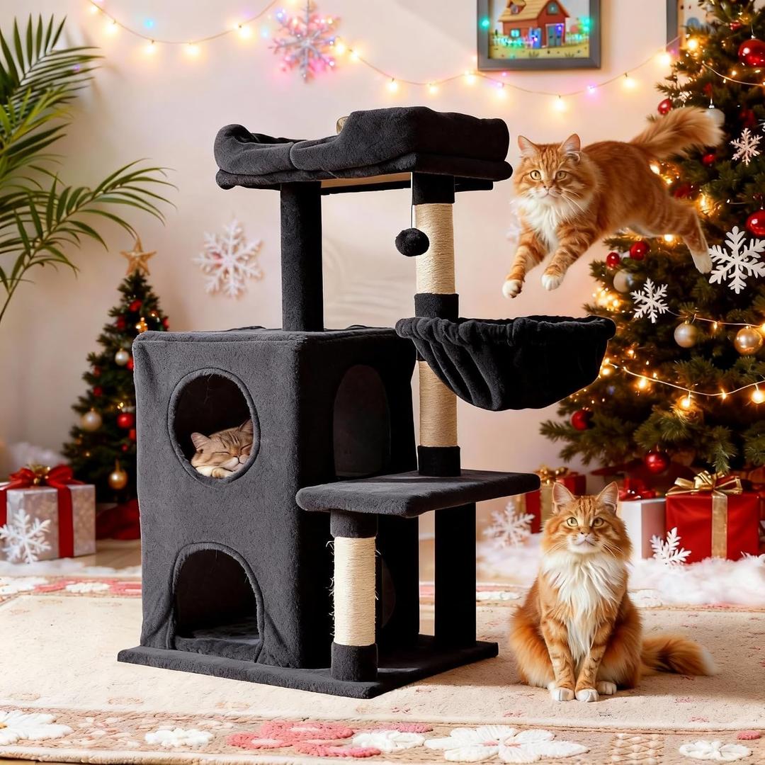 Fansafurn Cat Tree Tower for Indoor Cats, 36-inch Adult Cat Tree House for Large Adult Cats with Steps, Scratching Post, 2 Cat Condo, Dangling Toys, Dark Grey