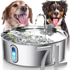 Dog Water Fountain for Large Dogs 7L/236oz Stainless Steel Dog Water Bowl Dispenser Automatic Cat Water Fountain with Deeper Drinking Area, Multi-Filtration Pet Fountain with Ultra-Quiet Pump