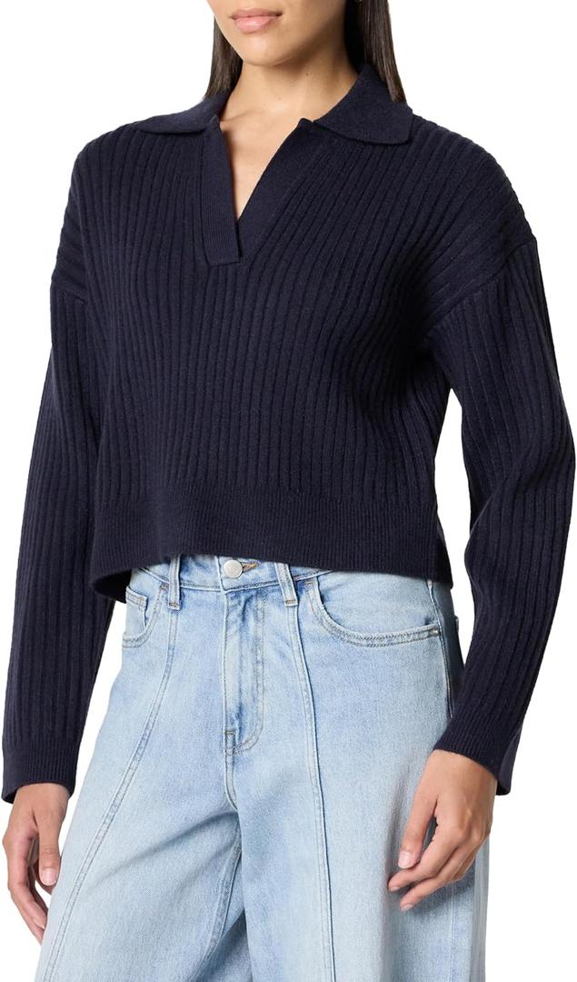 The Drop Women's Marcy Ribbed Polo Top (Large, Navy)