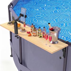 Saillong Pool Bar for Above Ground Pool, 40 x 12 Foldable Poolside Bar Table with Phone Holder, Heavy Duty Solid Pine Wood Clip On Pools Side Table for Round & Oval Pools, Patio Balcony Railing Shelf