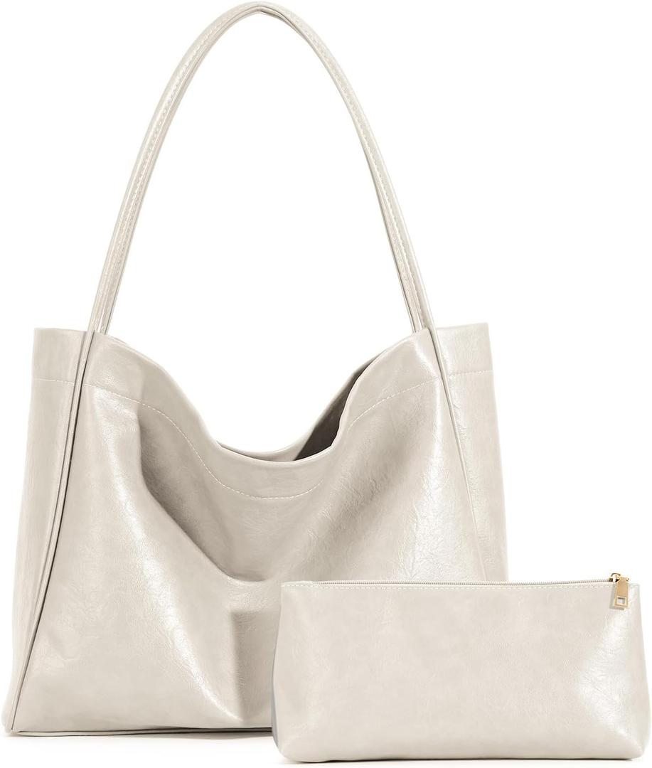 VOCUS Tote Bag for Women 2Pcs Large Casual PU Weekender Bag Soft Vegan Leather Shoulder Hobo Handbag Purse Travel Oversize (Beige)