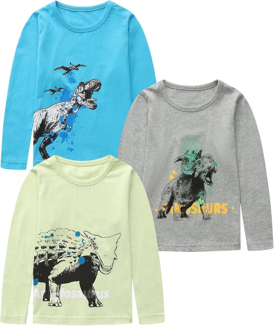 Boys Long Sleeve Shirts, Casual Cotton Tshirts Cartoon Graphic Crewneck Tops Tees Shirt for Kids Toddler Boy 3 Pack (S)