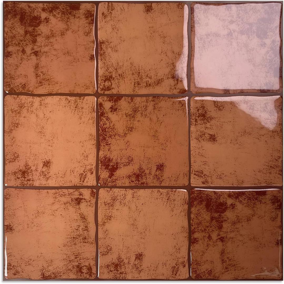 10 Sheet Thicker Peel and Stick Backsplash Tile, 12"x12" 3D Self Adhesive Square Mosaic Subway Checkered Vinyl Backsplash Stick on Wall Tiles for Bathroom, Kitchen, Living Room (10, Orange)