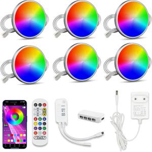 Cefrank RGB LED Puck Lights with Remote & App Control, Color Changing Under Cabinet Lighting with Music Sync, Dimmable Multi-Color Disc Lights for Backlight, Shelf, Showcase (6 Pack)