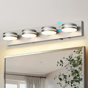 26" Motion Sensor Vanity Light Brushed Nickel, 3CCT 4-Light Modern LED Bathroom Lighting Fixtures Over Mirror, Dimmable Rotatable Head Wall Sconce, 3000K-6000K Color Selectable