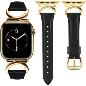 Minyee Leather Bands Compatible with Apple Watch Band 41mm 40mm 38mm 42mm 44mm 45mm 46mm 49mm Women, Slim Thin Dressy Strap with C-Shape Metal Buckle for iWatch Series 10 9 Ultra SE 8 7 6 5 4 3 2 1