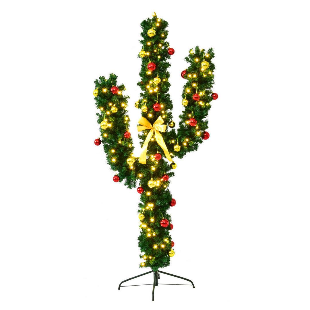 Goplus 5 ft Pre-Lit Artificial Cactus Christmas Tree, Xmas PVC Tree with 90 LED Lights and Ball Ornaments, Seasonal Holiday Decoration Tree for