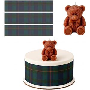 MTLEE 3 Pcs Tartan Plaid Bear Baby Shower Cake Border Strips with Teddy Bear Candle Set Green Blue Tartan Plaids Cardboard Cake Wraps for Baby Shower Birthday Party Decorations Supplies