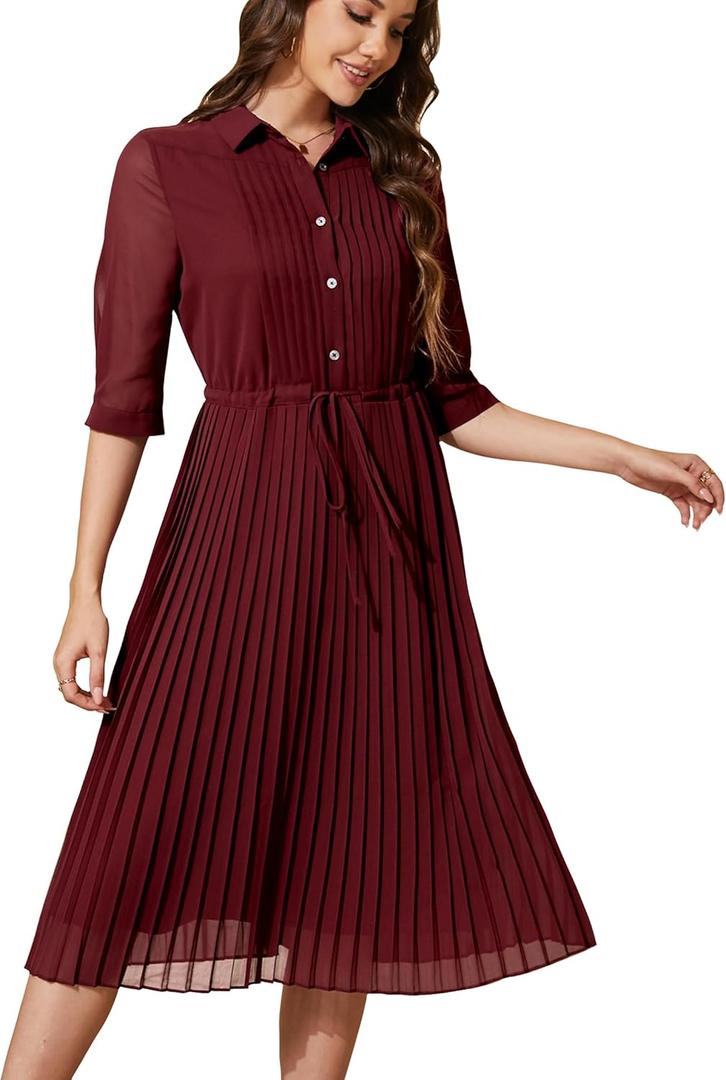 Women V Neck 3/4 Sleeve Pleated A-Line Dress with Belt Swing Midi Dresses for Spring Summer Autumn (L)