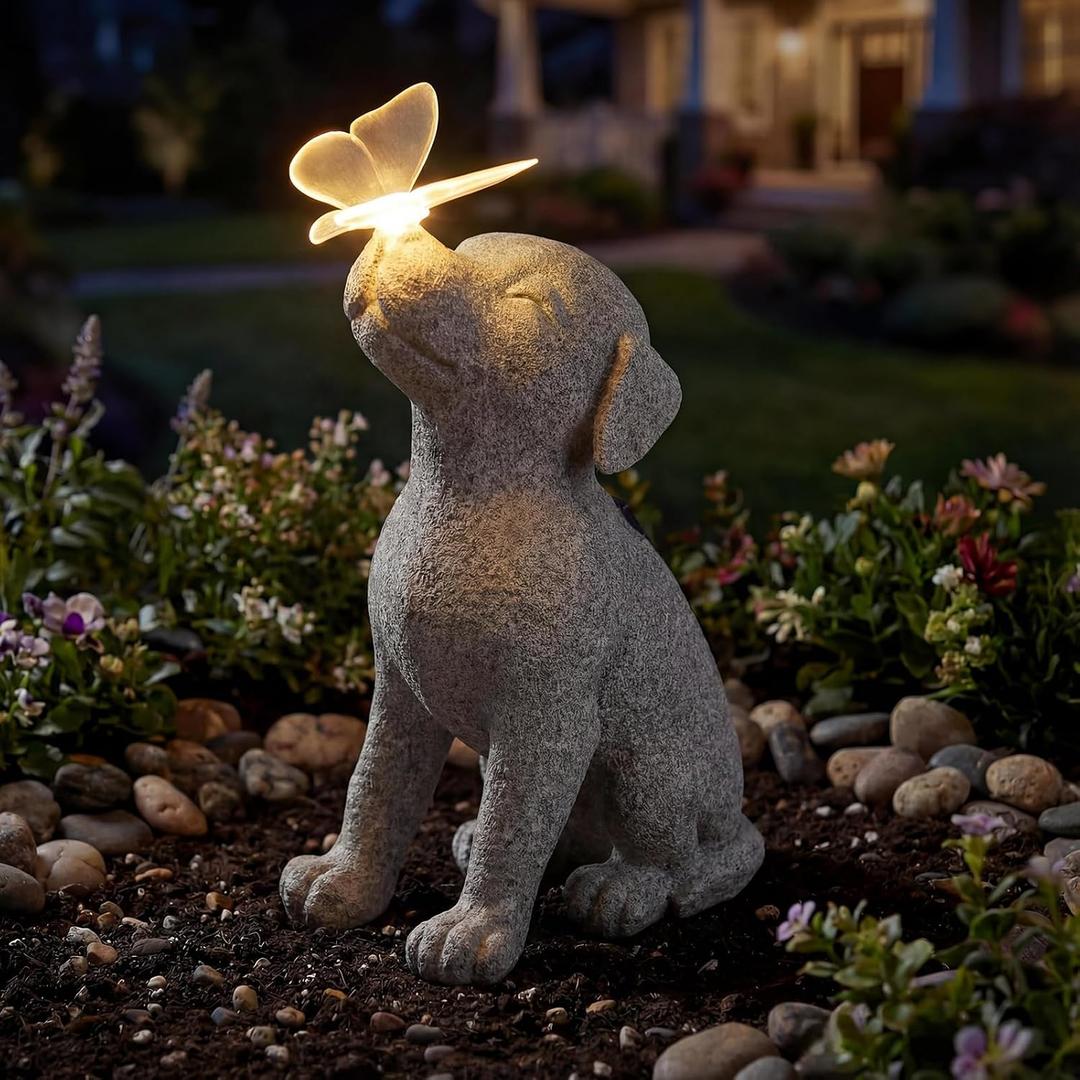Lyeasw Dog Solar Statues with Butterfly - Waterproof Gray Dog Garden Decor for Patio, Yard, Porch- Cute Puppy Figurines with Solar LED Lights for Outdoor Decor, Pet Memorial Gift