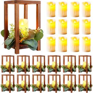 16 Pcs/8 Set Wooden Wedding Lantern Centerpiece Include 8 Lantern Candle Holder 8 Flameless LED Candle for Rustic Wedding Table Party Baby Shower Farmhouse Decor(No Wreathes)