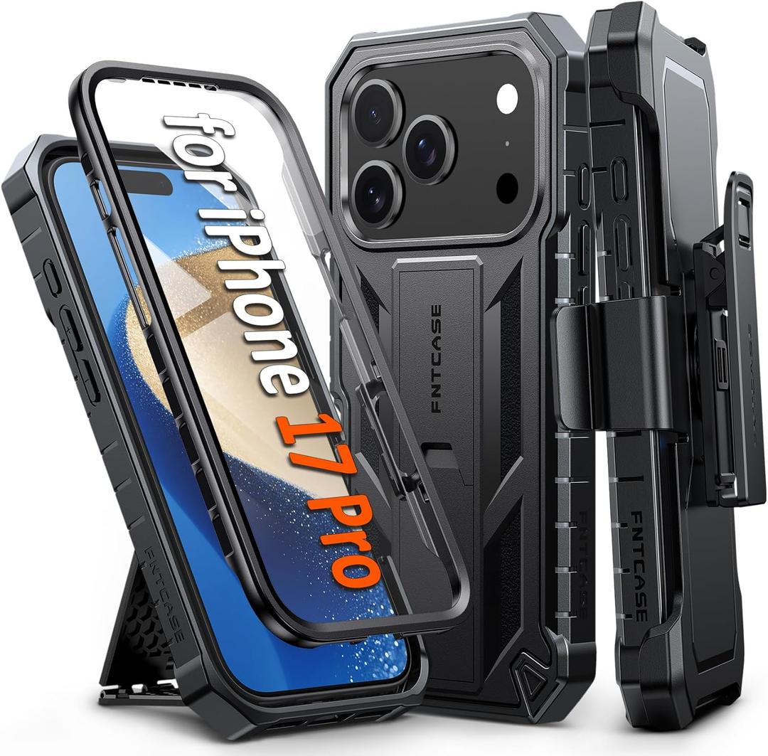 FNTCASE for iPhone 17 Pro Case: Military Grade Rugged Phone Cover with Kickstand & Holster | Shockproof TPU Protection Bumper Matte Textured Design | Heavy Duty Protector (Black)