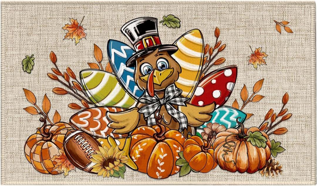 Thanksgiving Front Door Mat Outdoor Entrance, Football Pumpkin Turkey Welcome Doormat Washable Non-Slip Rubber Backing,Thanksgiving Vintage Home Decorations Harvest Porch Decor Rug for Home
