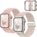 2 Pack Magnetic Braided Stretchy Bands with Cases for Apple Watch Women Men | Soft Nylon Sport Solo Loop Strap 40/41/42/44/45/46mm with Cover & Screen Protector, Fits iWatch Series 11 10 9 8 7 6 5 4 SE
