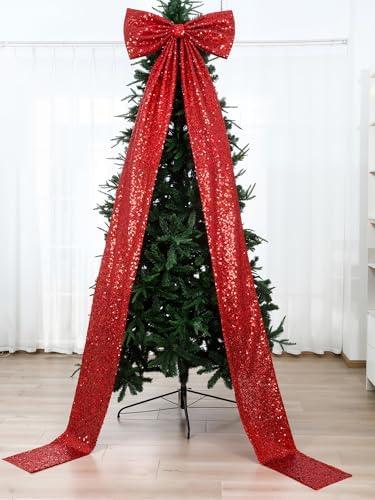 Knitgrip Big Bow Decor 118x28 Inch Christmas Velvet Sequin Bow for Wall Backdrop Extra Large Christmas Glitter Giant Tree Topper Huge Oversized Decoration for Room Front Door Xmas Holiday Party(Red)