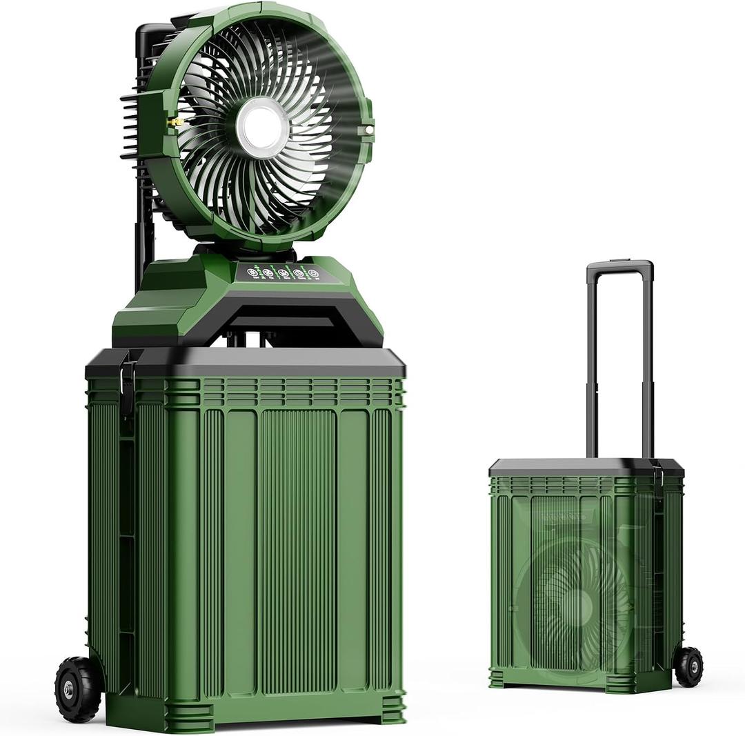 Portable Misting Fan with 30L Bucket, 30000mAh Rechargeable Battery Powered, 12Hrs Mist Rechargeable Fans, 4 Strong Winds, 4 Spray Mister, 3 Lighting Settings for Outdoor, Camping, Patios
