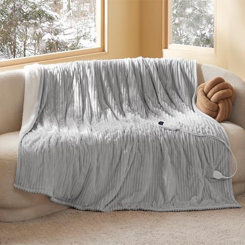 Bedsure GentleSoft Electric Blanket Twin - Soft Ribbed Flannel Heated Blanket, Heating with 10 Time Settings, 6 Heat Settings, and 8 hrs Timer Auto Shut Off, Gifts for Grandma (72"x84", Light Grey)