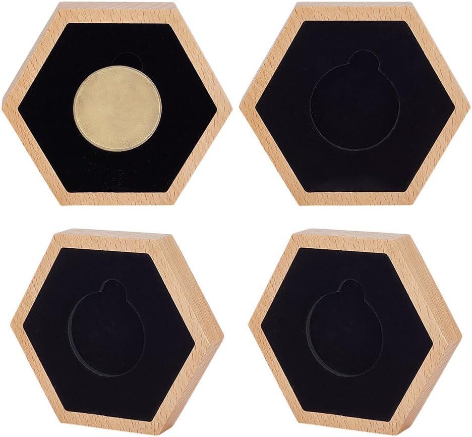 AHANDMAKER 4 PCS Single Coin Display Box, Hexagon Natural Beech Coin Box, Challenge Coin Display Case with Black Velvet Inside for Medal Display, Commemorative Coin Holder