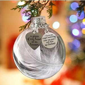 Husband Memorial Ornaments for Christmas Tree for Loss of Loved One, Sympathy Bereavement Gift, 8cm Clear Feather Ball Hanging Ornaments, A Piece of My Heart is in Heaven