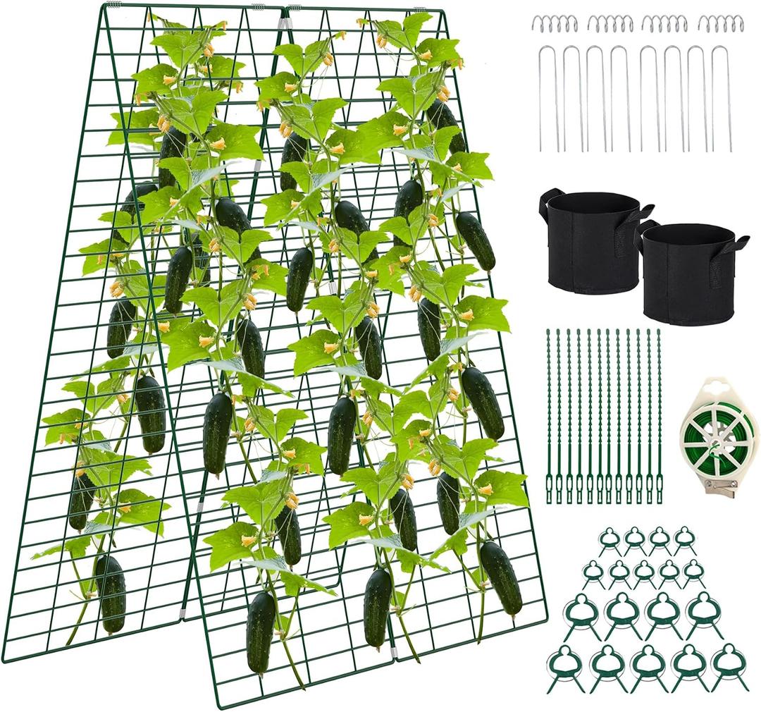 Foldable Cucumber Trellis, 48" L x 34" W A-Frame Trellis, Climbing Plants Support Raised Bed Trellis with Twist Ties & Plant Bags for Outdoor Yards Gardens