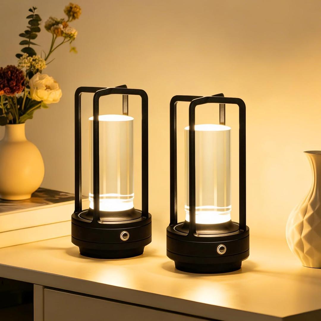Rechargeable Table Lamp Cordless, 3 Color | Crystal | Stepless Dimming, for Dining Room, Living Room, Bar, Cafe, Restaurant, Patio, Camping, Pack of 2 (Black)