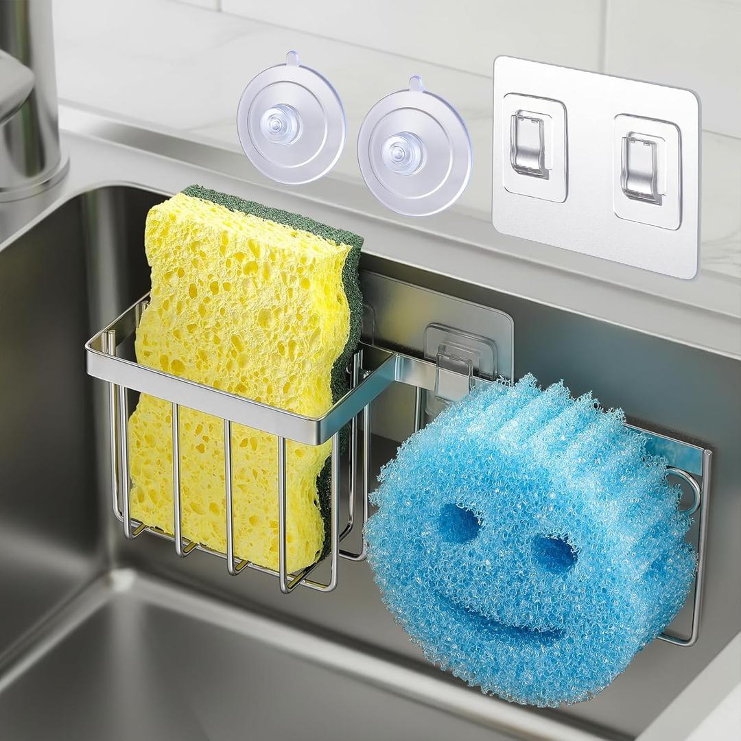 [Space Saving] Sponge Holder for Kitchen Sink, Great for Scrub Daddy / Scrub Mommy Sponges, Rust-proof Sink Sponge Caddy Organizer for Dish Brush, Scrubber - 2 Mounting Options (Suction Cups & Hooks) (Silver)