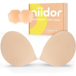 Niidor Adhesive Bra Strapless Ultra Sticky Invisible Push up Silicone Bra Multiple Colors Sizes Reusable for Backless Dress (Nude)