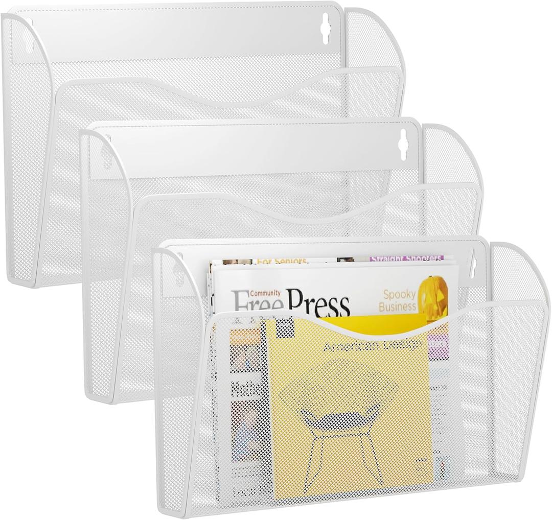 3 Single Pocket Wall File Holder, Mesh Hanging File Folder Paper Organizer, Vertical Wall Mounted Mail Basket, Storage Organization Magazine Rack for Office, Home and School, White