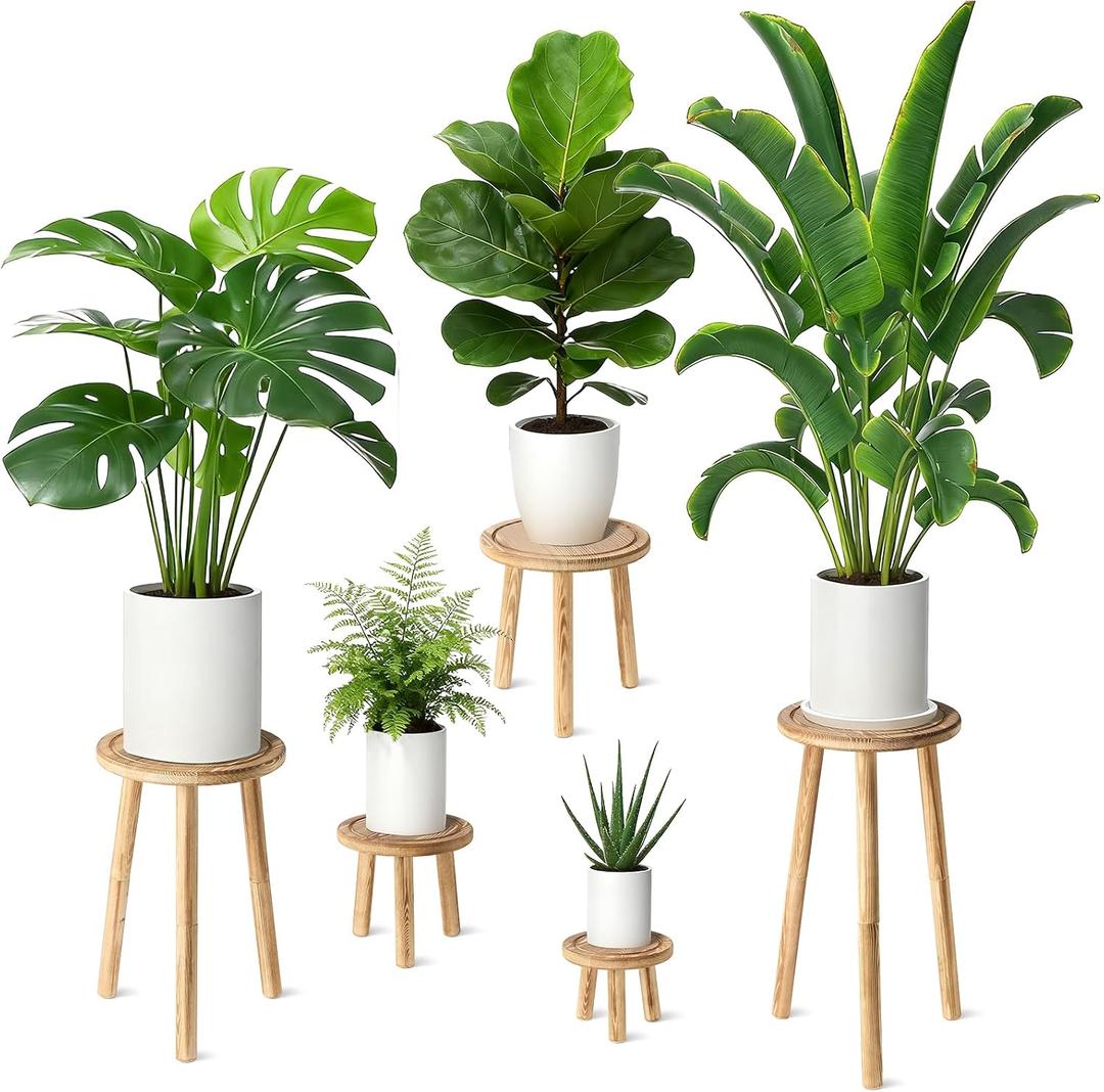 5-Pack Wood Plant Stands Indoor, Single Plant Stand for 6-22 Inch Pots, Mid-Century Modern Plant Stool, Tall Plant Stand for Large Plants Perfect Fit for Living Room, Balcony, Office (Light Brown)