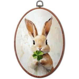 Jinhaichen Vintage Easter Bunny Oval Wall Art Framed, Easter Clover Oval Wall Decor, Rustic Cottagecore Farmhouse Hanging Canvas Prints for Bedroom Living Room Decoration, 8.6x11.4 Inch