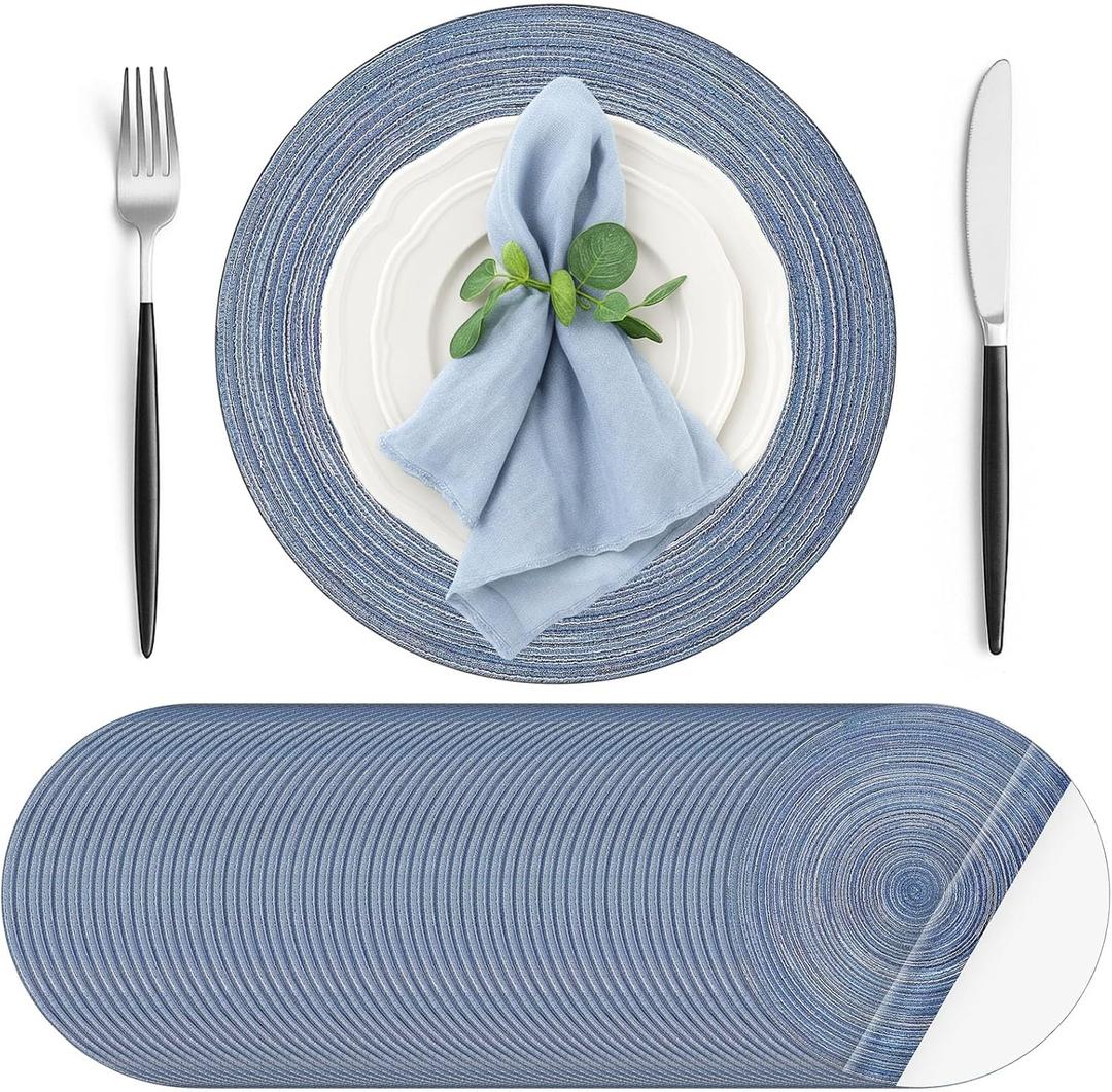 Geosar 100 Pcs Disposable Paper Placemats Cotton Woven Look 13'' Round Placemats Rustic Disposable Table Pads Bulk for Dining Table Decoration Birthday Wedding Bridal Baby Shower Party(Dusty Blue)