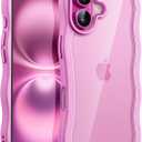 JETech Wavy Case for iPhone 16 Plus 6.7-Inch, Cute Wave Frame Curly Shape Shockproof Phone Cover for Women and Girls, Clear Hard PC Back (Pink)