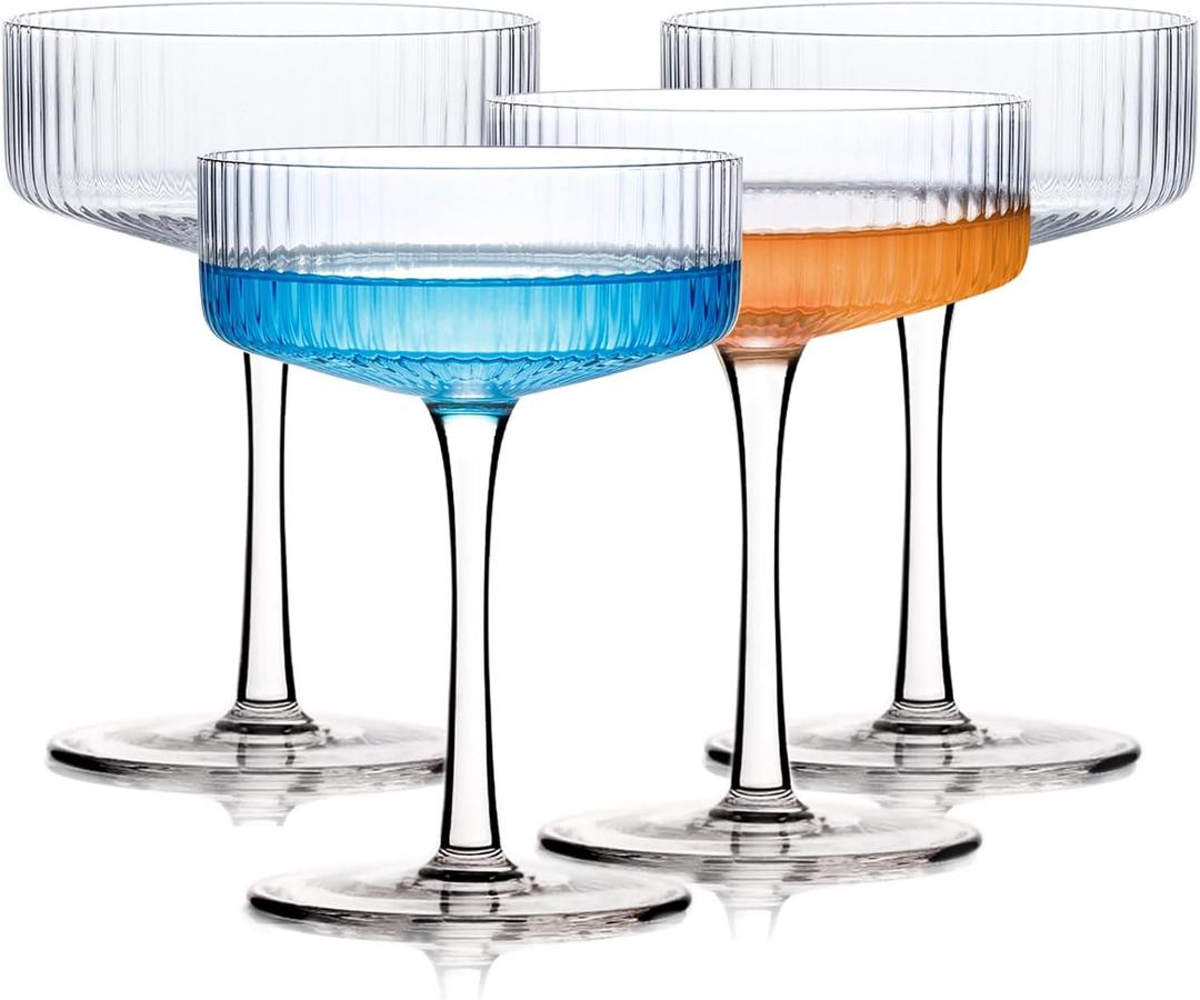 Handblown Crystal Coupe Glasses Set of 4, 9 oz Martini Glass Set with Stem, Elegant Cocktail Glasses for Bar, Margarita, Cosmopolitan, Manhattan, Gimlet, Unique Gift, Mother's Day