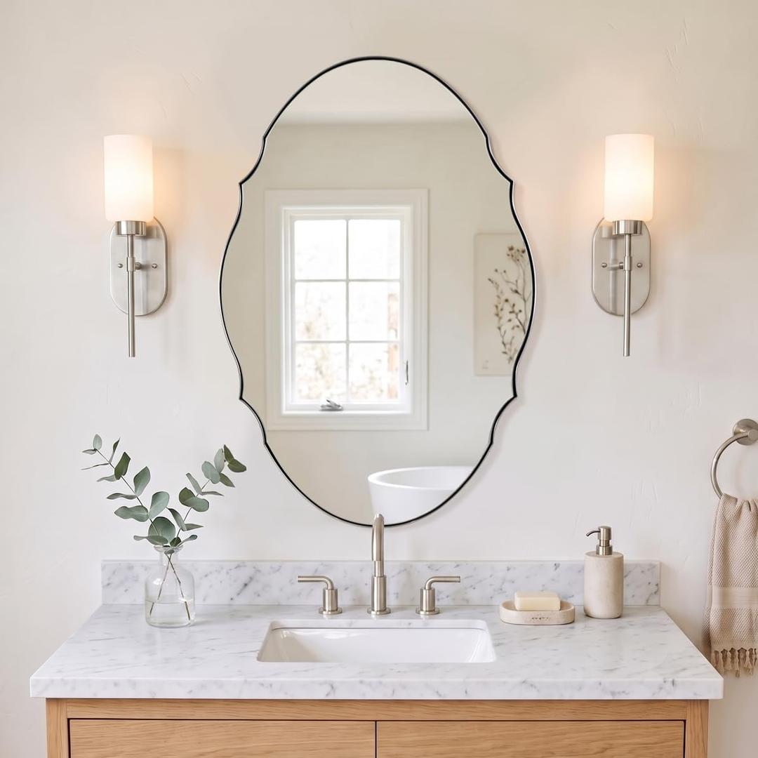 MIRRORART Brushed Nickel Scalloped Oval Mirror, 20x30'' Silver Oval Mirror