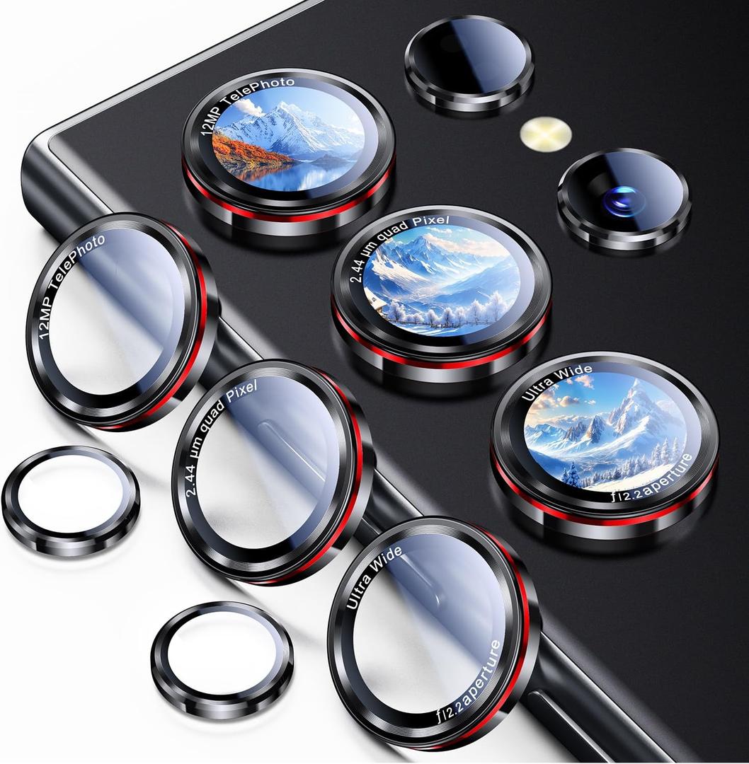 Uyiton for Samsung Galaxy S24 Ultra Camera Lens Protector - [Case-Friendly][Not Easy to Break] Military-Grade Tempered Glass with Aluminum Metal Rear Camera Screen Cover - Black+Red (6.8 inch)