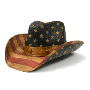 American Flag Cowboy Hat Classic Tea Stained Patriotic Western Cowgirl Hat with Shapable Brim 7 1/4-7 3/8