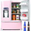 Refrigerator Toy Fridge with Ice Dispenser, Kids Pretend Play Kitchen Accessories with Toy Food Drink Bottles Milk Cans, Play Kitchen Appliances Set for Girls Age 3+, White