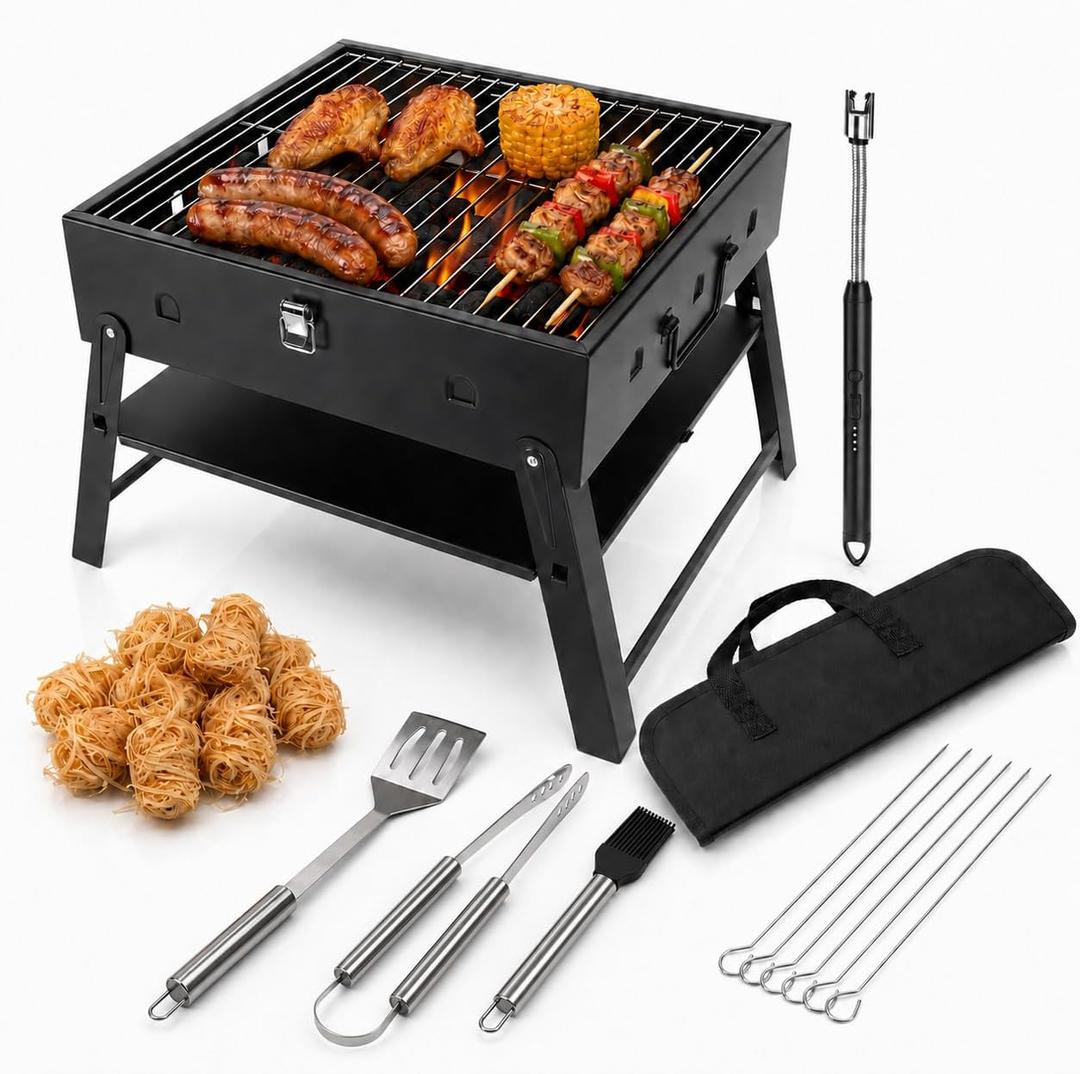 Portable BBQ Charcoal Camping Grill: Tabletop Folding Barbecue Grills